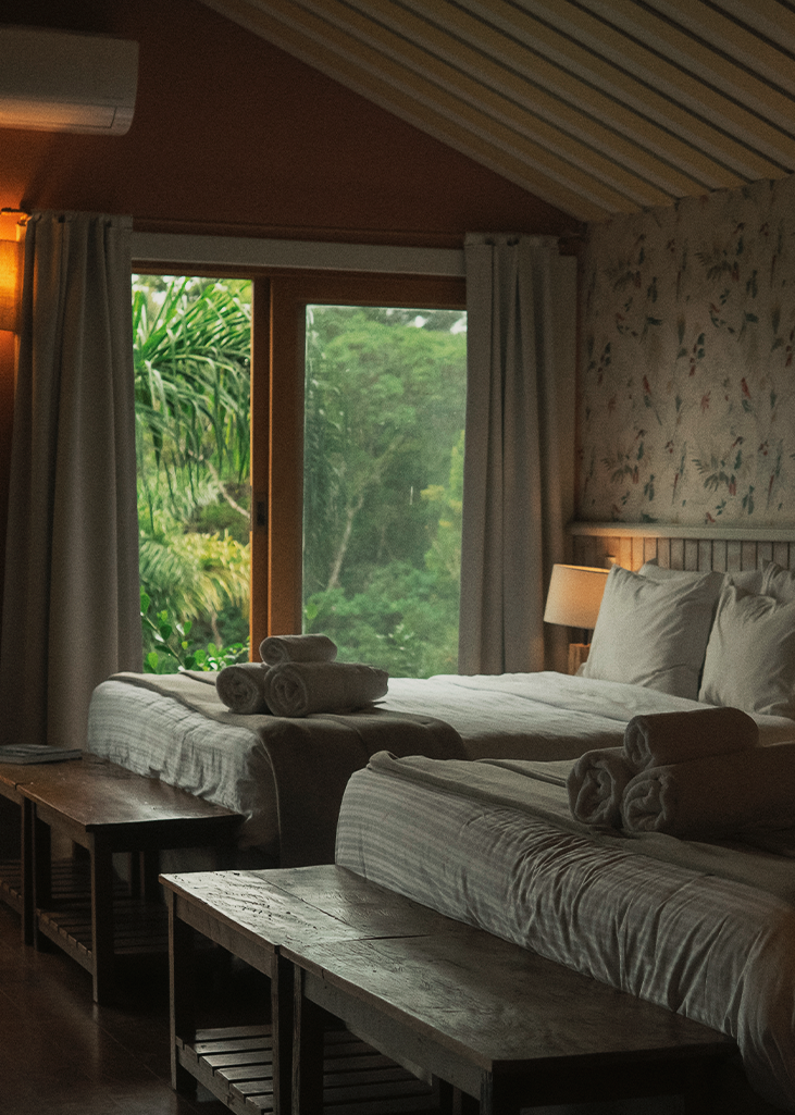 Quarto de chalé com duas camas e janela para a Mata Atlântica