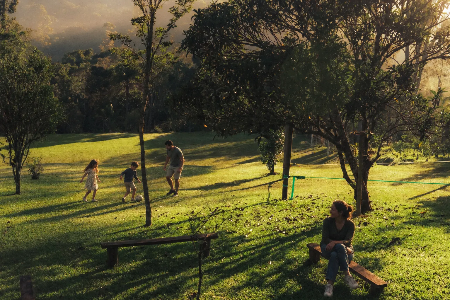 Família jogando bola no gramado da Reserva, cercado pela Mata Atlântica ao entardecer